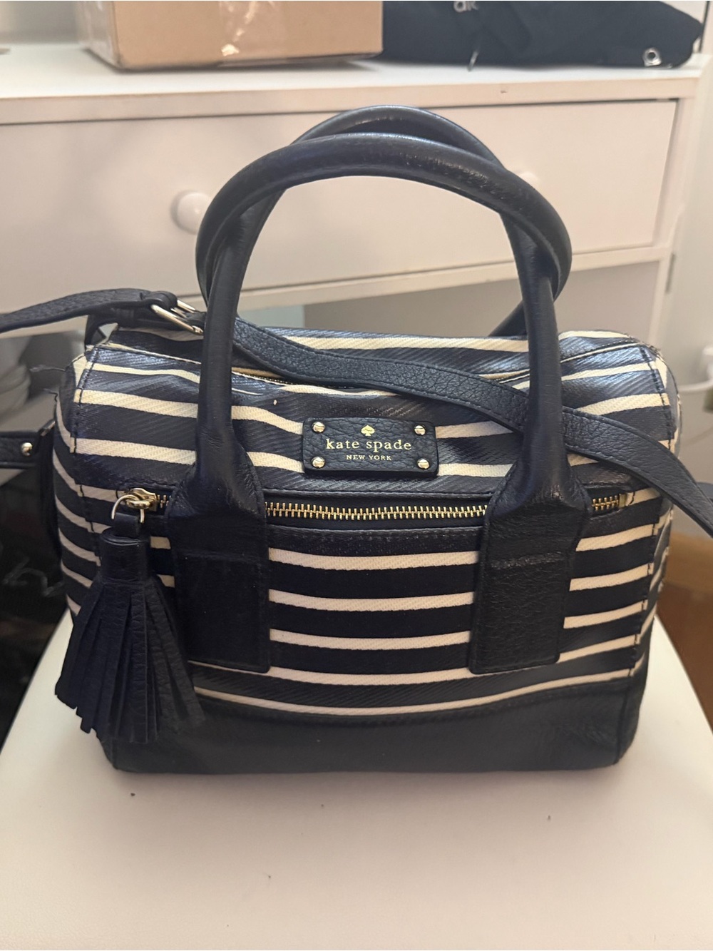 kate spade Black & White Striped Satchel with Tassel